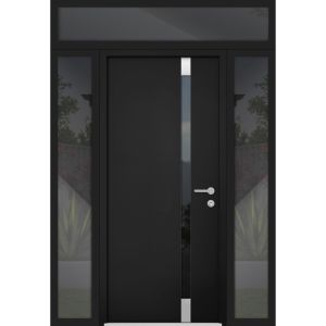 Front Exterior Prehung Steel Door / Cynex 6777 Black / 2 Sidelight and Transom Window / Stainless Inserts Single Modern Painted-W16+36+16" x H96+16"-LH-I
