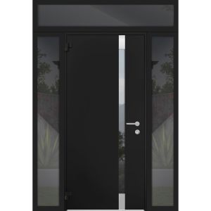 Front Exterior Prehung Steel Door / Cynex 6777 Black / 2 Sidelight and Transom Window / Stainless Inserts Single Modern Painted-W16+36+16" x H96+16"-LH-O