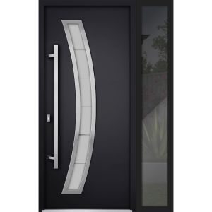 Front Exterior Prehung Steel Door / Deux 6500 Black / Sidelight Exterior Window /  Stainless Inserts Single Modern Painted-W36+12" x H80"-Right-hand Inswing