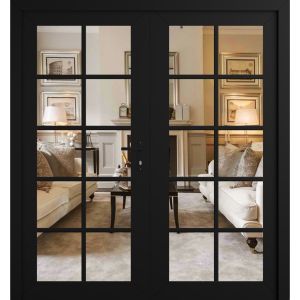 Front Exterior Prehung Metal-Plastic Double Doors Clear Glass / MANUX 8100 Matte Black / Office Commercial and Residential Doors Entrance Patio Garage 72" x 80" Left-Hand Inswing