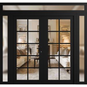Front Exterior Prehung Metal-Plastic Double Doors Clear Glass / MANUX 8100 Matte Black / Office Commercial and Residential Doors Entrance Patio Garage 104" x 104" Left-Hand Inswing