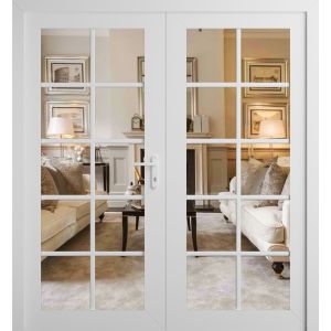 Front Exterior Prehung Metal-Plastic Double Doors Clear Glass / MANUX 8100 White Silk / Office Commercial and Residential Doors Entrance Patio Garage 72" x 80" Left-Hand Inswing