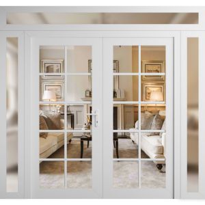 Front Exterior Prehung Metal-Plastic Double Doors Clear Glass / MANUX 8100 White Silk / Office Commercial and Residential Doors Entrance Patio Garage 104" x 104" Left-Hand Inswing