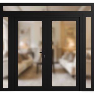 Front Exterior Prehung Metal-Plastic Double Doors Frosted Glass / MANUX 8102 Matte Black / Office Commercial and Residential Doors Entrance Patio Garage 104" x 104" Left-Hand Inswing