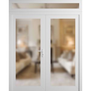 Front Exterior Prehung Metal-Plastic Double Doors Frosted Glass / MANUX 8102 White Silk / Office Commercial and Residential Doors Entrance Patio Garage 72" x 80" Left-Hand Inswing