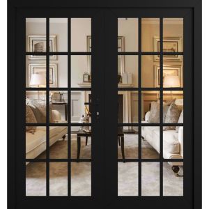 Front Exterior Prehung Metal-Plastic Double Doors Clear Glass / MANUX 8151 Matte Black / Office Commercial and Residential Doors Entrance Patio Garage 72" x 80" Left-Hand Inswing