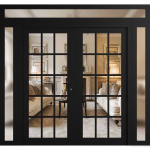 Front Exterior Prehung Metal-Plastic Double Doors Clear Glass / MANUX 8151 Matte Black / Office Commercial and Residential Doors Entrance Patio Garage 104" x 104" Left-Hand Inswing