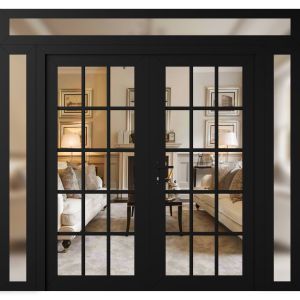 Front Exterior Prehung Metal-Plastic Double Doors Clear Glass / MANUX 8151 Matte Black / Office Commercial and Residential Doors Entrance Patio Garage 100" x 94" Right-Hand Inswing
