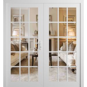 Front Exterior Prehung Metal-Plastic Double Doors Clear Glass / MANUX 8151 White Silk / Office Commercial and Residential Doors Entrance Patio Garage 72" x 80" Left-Hand Inswing