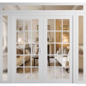 Front Exterior Prehung Metal-Plastic Double Doors Clear Glass / MANUX 8151 White Silk / Office Commercial and Residential Doors Entrance Patio Garage 104" x 104" Left-Hand Inswing