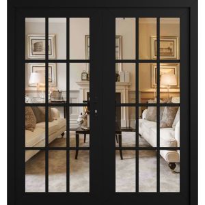 Front Exterior Prehung Metal-Plastic Double Doors Clear Glass / MANUX 8355 Matte Black / Office Commercial and Residential Doors Entrance Patio Garage 72" x 80" Left-Hand Inswing