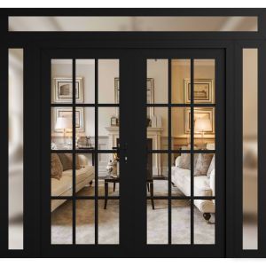 Front Exterior Prehung Metal-Plastic Double Doors Clear Glass / MANUX 8355 Matte Black / Office Commercial and Residential Doors Entrance Patio Garage 104" x 104" Left-Hand Inswing