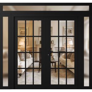 Front Exterior Prehung Metal-Plastic Double Doors Clear Glass / MANUX 8355 Matte Black / Office Commercial and Residential Doors Entrance Patio Garage 100" x 94" Right-Hand Inswing