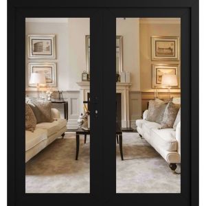 Front Exterior Prehung Metal-Plastic Double Doors Clear Glass / MANUX 8666 Matte Black / Office Commercial and Residential Doors Entrance Patio Garage 72" x 80" Left-Hand Inswing