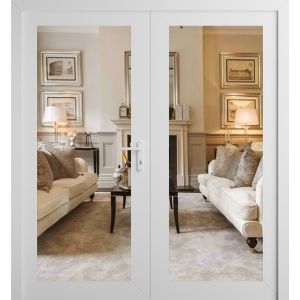 Front Exterior Prehung Metal-Plastic Double Doors Clear Glass / MANUX 8666 White Silk / Office Commercial and Residential Doors Entrance Patio Garage 72" x 80" Left-Hand Inswing