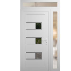 Front Exterior Prehung Metal-Plastic Door | Manux 8933 White Silk | Side and Top Sidelite Transom | Office Commercial and Residential Doors Entrance Patio Garage 44" x 94" (W32+12" x H80+14") Left hand Inswing