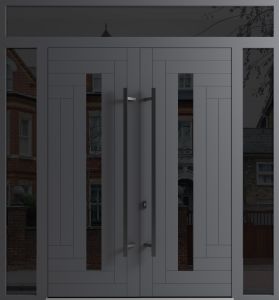 Front Exterior Prehung Aluminum Double Doors / Ronex 0130 Grey / 2 Sidelights and Top Transom / Mirrored Clear Glass Entry Metal Modern Painted (W104" x H96") Left hand Inswing