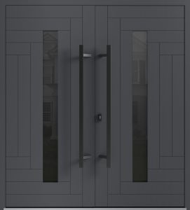 Front Exterior Prehung Aluminum Double Doors / Ronex 0130 Grey / Mirrored Clear Glass Entry Metal Modern Painted (W72" x H96") Left hand Inswing