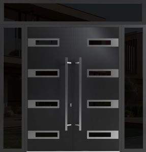 Front Exterior Prehung Aluminum Double Doors / Ronex 0131 Black Enamel / 2 Sidelights and Top Transom / Mirrored Clear Glass Entry Metal Modern Painted (W104" x H96") Right hand Inswing