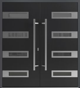 Front Exterior Prehung Aluminum Double Doors / Ronex 0131 Black Enamel / Mirrored Clear Glass Entry Metal Modern Painted (W72" x H80") Left hand Inswing