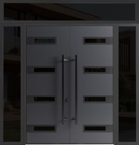 Front Exterior Prehung Aluminum Double Doors / Ronex 0131 Grey / 2 Sidelights and Top Transom / Mirrored Clear Glass Entry Metal Modern Painted (W104" x H96") Right hand Inswing