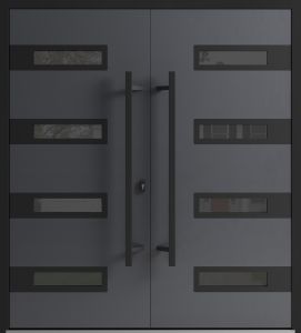 Front Exterior Prehung Aluminum Double Doors / Ronex 0131 Grey / Mirrored Clear Glass Entry Metal Modern Painted (W72" x H96") Left hand Inswing