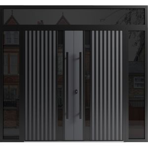 Front Exterior Prehung Aluminum Double Doors / Ronex 0144 Grey / 2 Sidelights and Top Transom / Mirrored Clear Glass Entry Metal Modern Painted (W104" x H96") Left hand Inswing