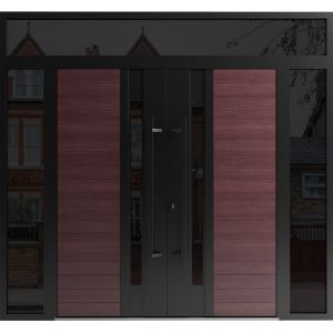 Front Exterior Prehung Aluminum Double Doors / Ronex 0162 Red Oak / 2 Sidelights and Top Transom / Mirrored Clear Glass Entry Metal Modern Painted (W104" x H112") Right hand Inswing
