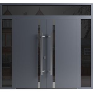 Front Exterior Prehung Aluminum Double Doors / Ronex 1011 Grey / 2 Sidelights and Top Transom / Mirrored Clear Glass Entry Metal Modern Painted (W104" x H96") Right hand Inswing
