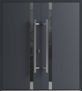 Front Exterior Prehung Aluminum Double Doors / Ronex 1011 Grey / Mirrored Clear Glass Entry Metal Modern Painted (W72" x H80") Left hand Inswing
