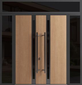 Front Exterior Prehung Aluminum Double Doors / Ronex 1033 Teak / 2 Sidelights and Top Transom / Mirrored Clear Glass Entry Metal Modern Veneer Painted (W104" x H96") Right hand Inswing