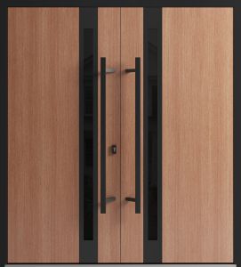 Front Exterior Prehung Aluminum Double Doors / Ronex 1033 Teak / Mirrored Clear Glass Entry Metal Modern Veneer Painted (W72" x H80") Left hand Inswing