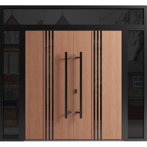 Front Exterior Prehung Aluminum Double Doors / Ronex 1055 Teak / 2 Sidelights and Top Transom / Mirrored Clear Glass Entry Metal Modern Veneer Painted (W104" x H96") Left hand Inswing