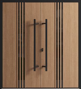 Front Exterior Prehung Aluminum Double Doors / Ronex 1055 Teak / Mirrored Clear Glass Entry Metal Modern Veneer Painted (W72" x H80") Left hand Inswing