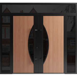 Front Exterior Prehung Aluminum Double Doors / Ronex 1077 Teak / 2 Sidelights and Top Transom / Mirrored Clear Glass Entry Metal Modern Veneer Painted (W104" x H96") Right hand Inswing