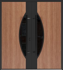 Front Exterior Prehung Aluminum Double Doors / Ronex 1077 Teak / Mirrored Clear Glass Entry Metal Modern Veneer Painted (W72" x H96") Left hand Inswing