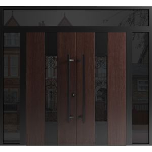 Front Exterior Prehung Aluminum Double Doors / Ronex 1205 Bronze Oak / 2 Sidelights and Top Transom / Mirrored Clear Glass Entry Metal Modern Veneer Painted (W104" x H96") Right hand Inswing