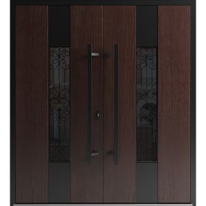 Front Exterior Prehung Aluminum Double Doors / Ronex 1205 Bronze Oak / Mirrored Clear Glass Entry Metal Modern Veneer Painted (W72" x H80") Left hand Inswing