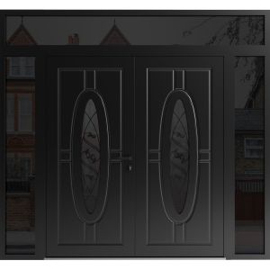 Front Exterior Prehung Aluminum Double Doors / Ronex 1277 Black Enamel / 2 Sidelights and Top Transom / Mirrored Clear Glass Entry Metal Modern Painted (W104" x H96") Right hand Inswing