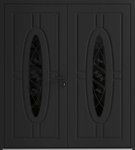 Front Exterior Prehung Aluminum Double Doors / Ronex 1277 Black Enamel / Mirrored Clear Glass Entry Metal Modern Painted (W72" x H80") Left hand Inswing