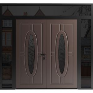 Front Exterior Prehung Aluminum Double Doors / Ronex 1277 Brown / 2 Sidelights and Top Transom / Mirrored Clear Glass Entry Metal Modern Painted (W104" x H96") Right hand Inswing