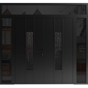 Front Exterior Prehung Aluminum Double Doors / Ronex 1477 Black Enamel / 2 Sidelights and Top Transom / Mirrored Clear Glass Entry Metal Modern Painted (W104" x H96") Left hand Inswing