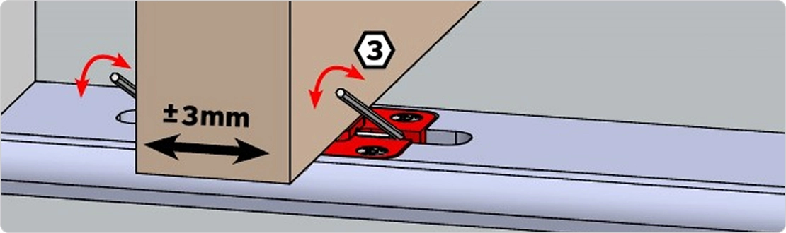 Horizontal position adjustment at the bottom, ±3 mm (±1/8")