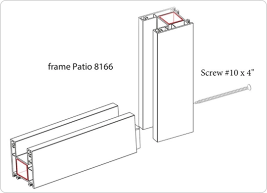 Corner connection — jamb profile meets head/sill, secured with screw #10 × 4"