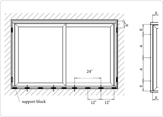 Support block layout — every 12" along the sill, 6" inset from each jamb corner
